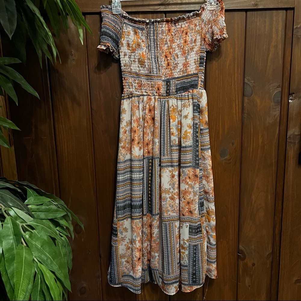 Off the Shoulder Ruched Boho Bohemian Floral Print Flowy Midi Dress